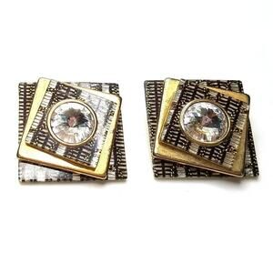 Vintage Clear Rivoli Rhinestone Layered Ceramic Clip Earrings, 1 1/8 Inches